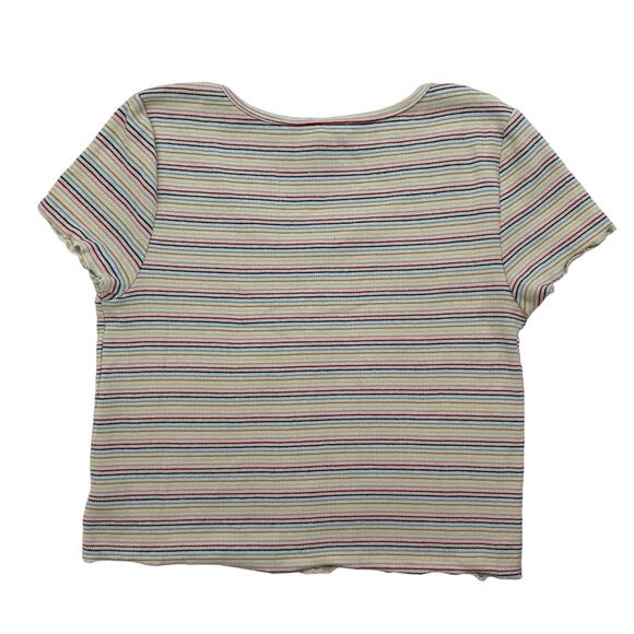 PINK ROSE Rainbow Stripe Ribbed Crop Button Up Baby Tee Size XL Cotton Stretch - Picture 5 of 9